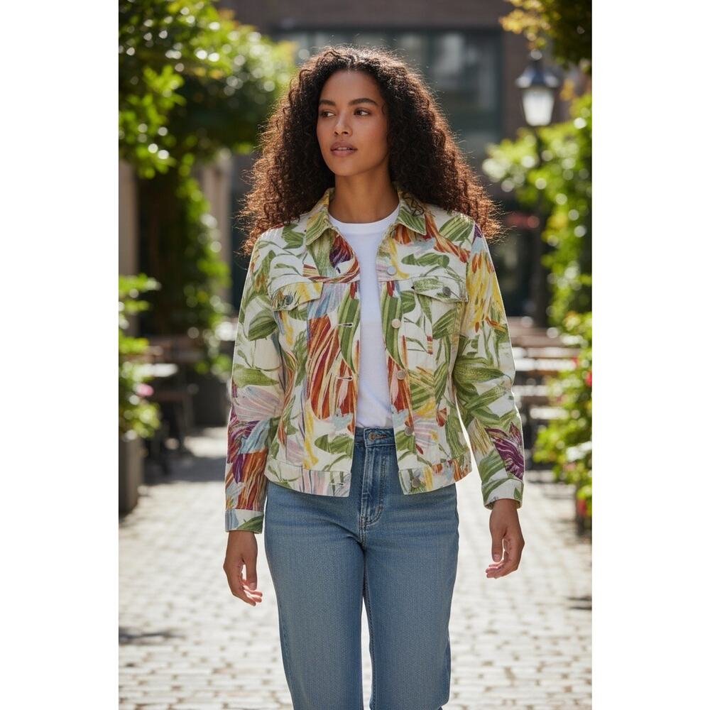 Chicos Floral Tropical Hawaiian Print Linen Blend Button Up Jacket Size 1 - Picture 9 of 11